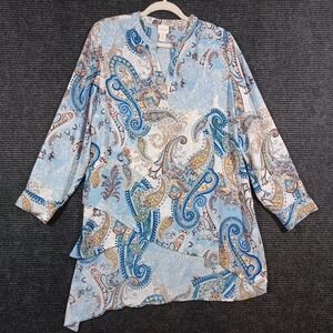 Chico's Tunic Blouse Womens 2 Blue Excellent Paisley Asymmetrical Layered Hem